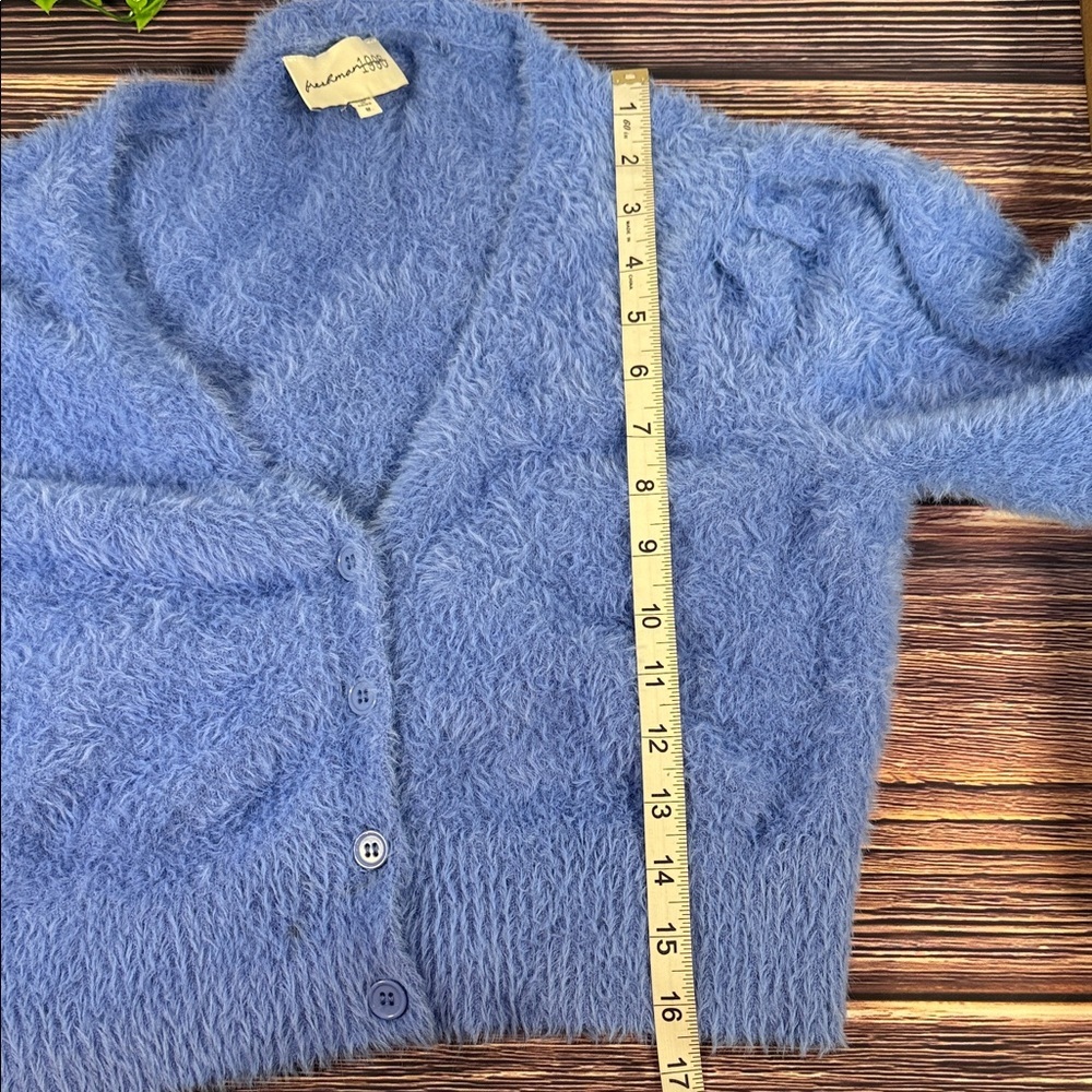 Freshman 1996 Soft and Fluffy Periwinkle Blue Women's Cardigan Crop Puff Sleeve - Picture 6 of 11
